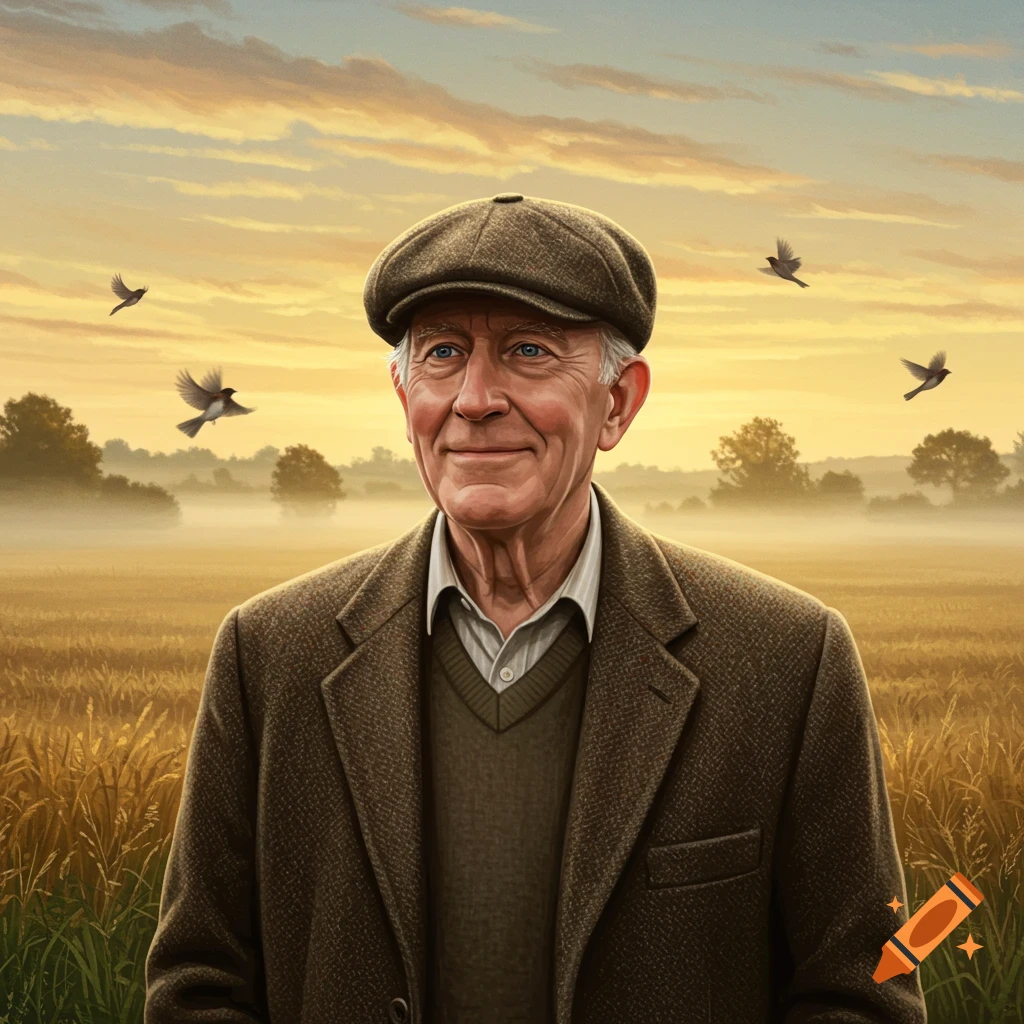 A smiling elderly man in a tweed jacket and flat cap stands in a misty golden field with birds flying, at sunset.