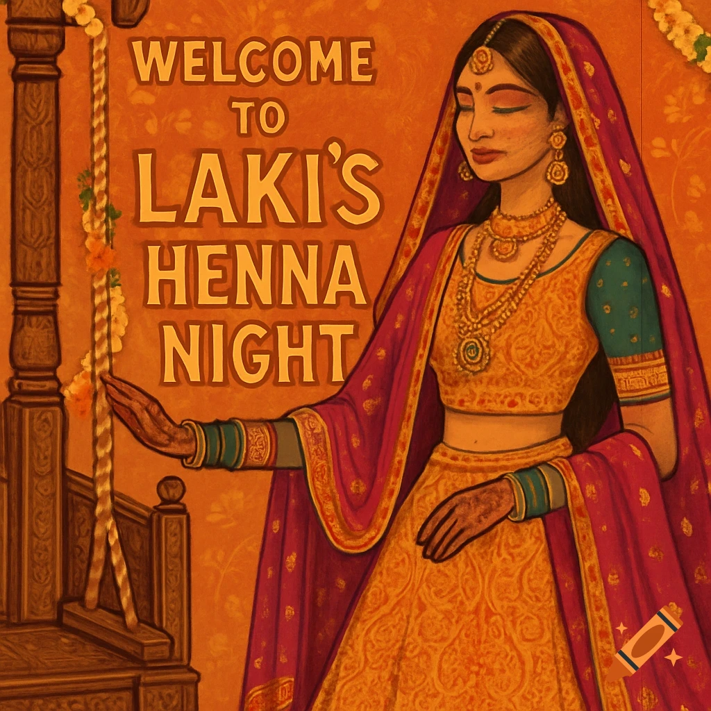 Illustration of a South Asian woman in traditional attire beside a wooden swing, with text 'Welcome to Laki's Henna Night'.