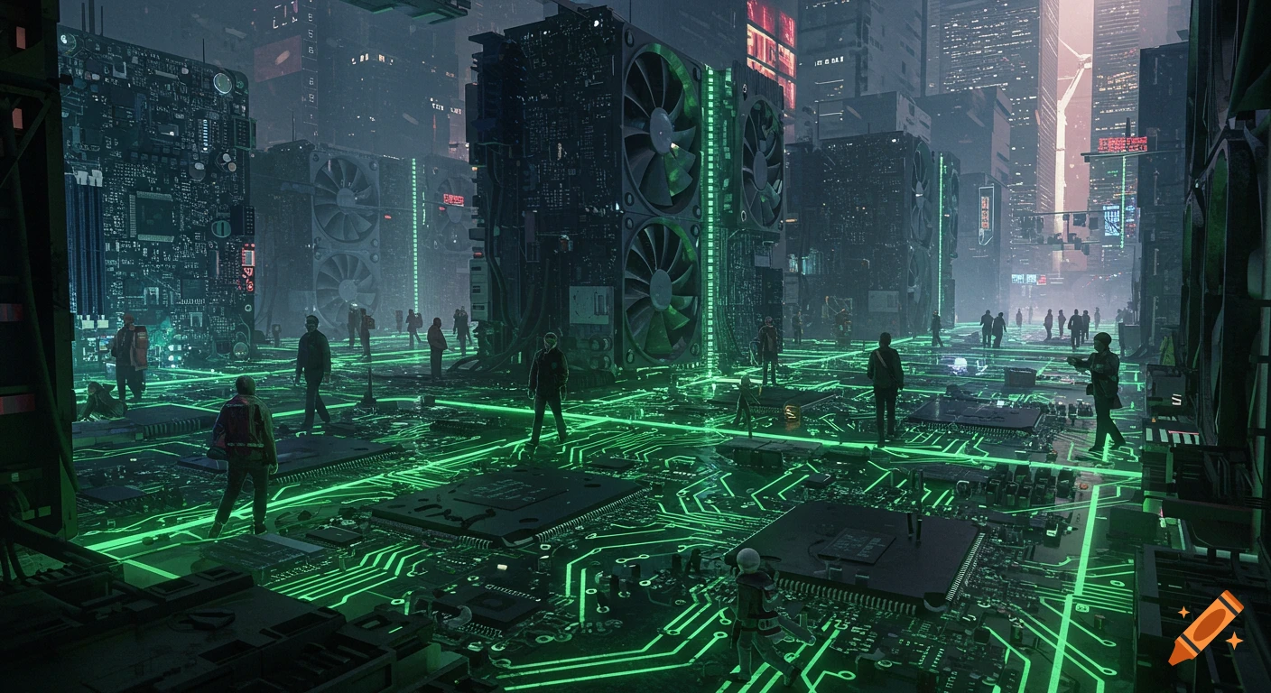 A futuristic cyberpunk cityscape where people walk on glowing green circuitry, surrounded by giant motherboard buildings with spinning fans.