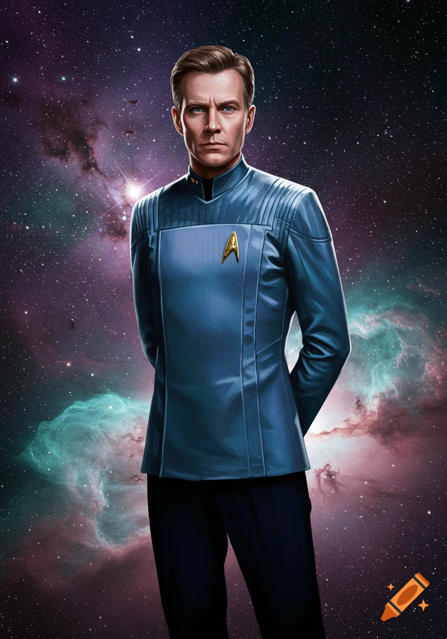 A serious man with blue eyes and brown hair wears a blue futuristic Starfleet-style uniform with a gold emblem, standing against a vibrant cosmic nebula background.