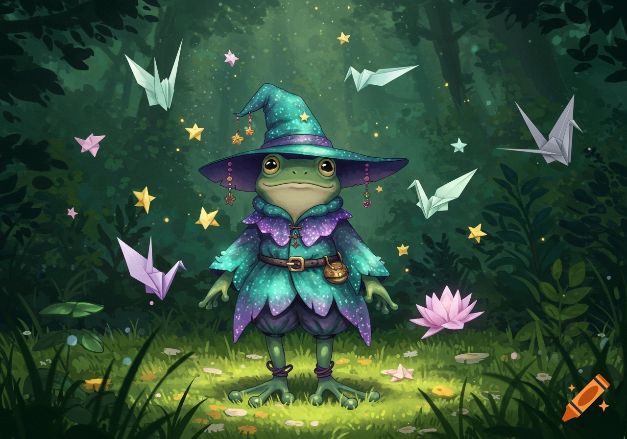A cute Ghibli-style humanoid frog wizard in a colorful teal and purple witch outfit stands in an enchanted forest with floating origami and stars.