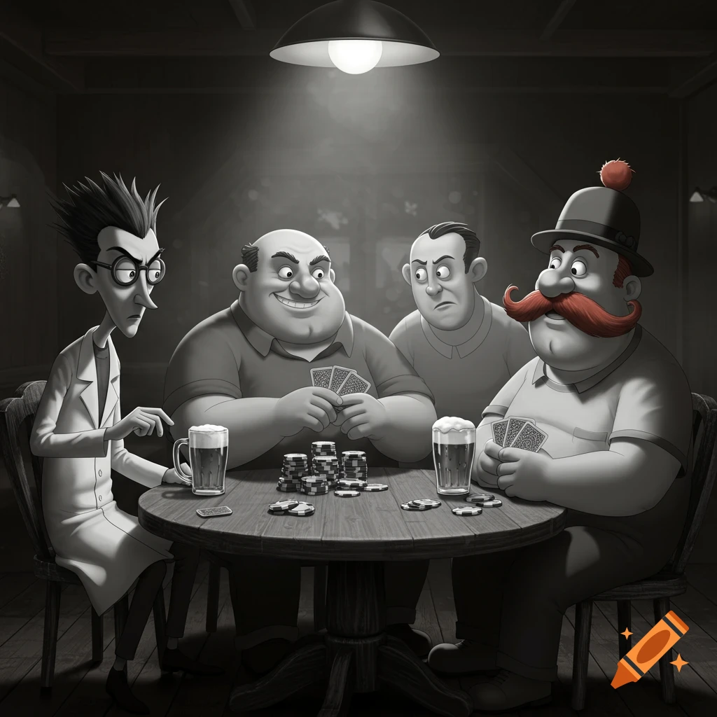 Four animated-style characters, including a spiky-haired scientist and a man with a red mustache, play poker at a table with chips and beer in a dimly lit bar, in a black and white style.