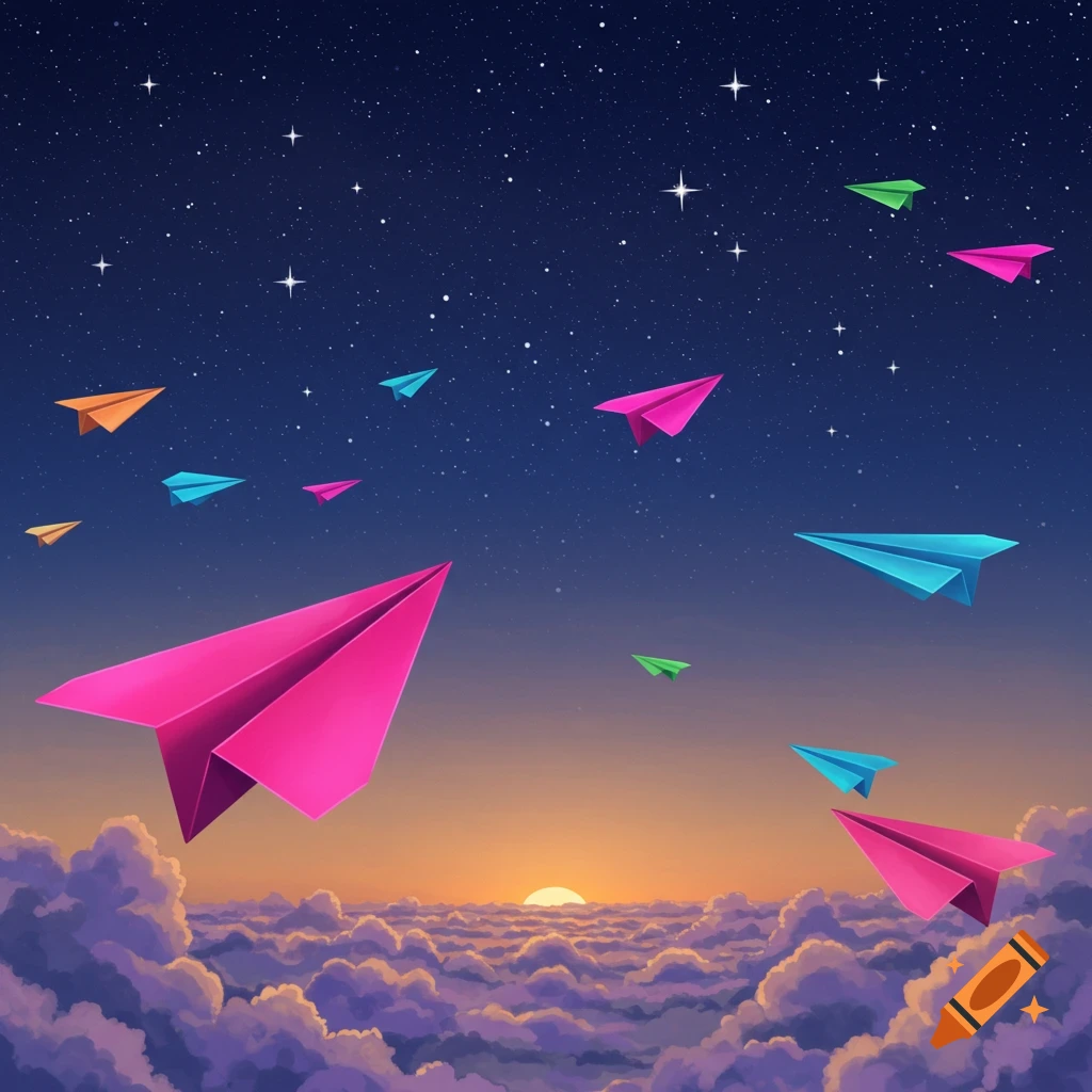 Colorful paper airplanes fly across a starry twilight sky above clouds, with a sunset on the horizon.