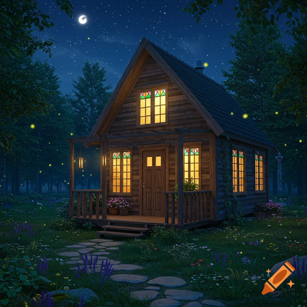A cozy wooden cabin with glowing windows sits in a lush forest at night, under a crescent moon and starry sky, with fireflies and a stone path.