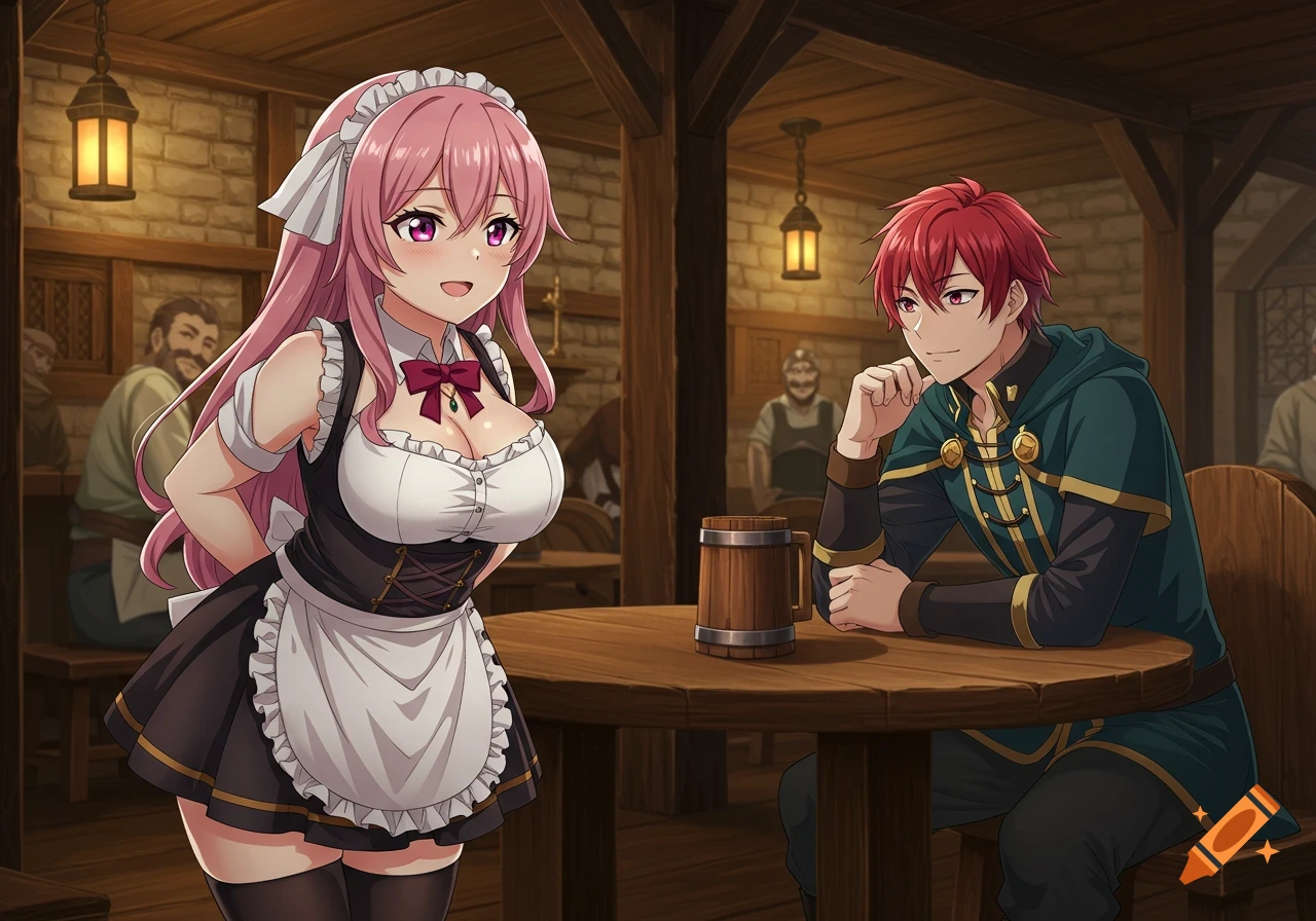 A pink-haired anime maid smiles at a red-haired nobleman sitting at a table in a medieval tavern.