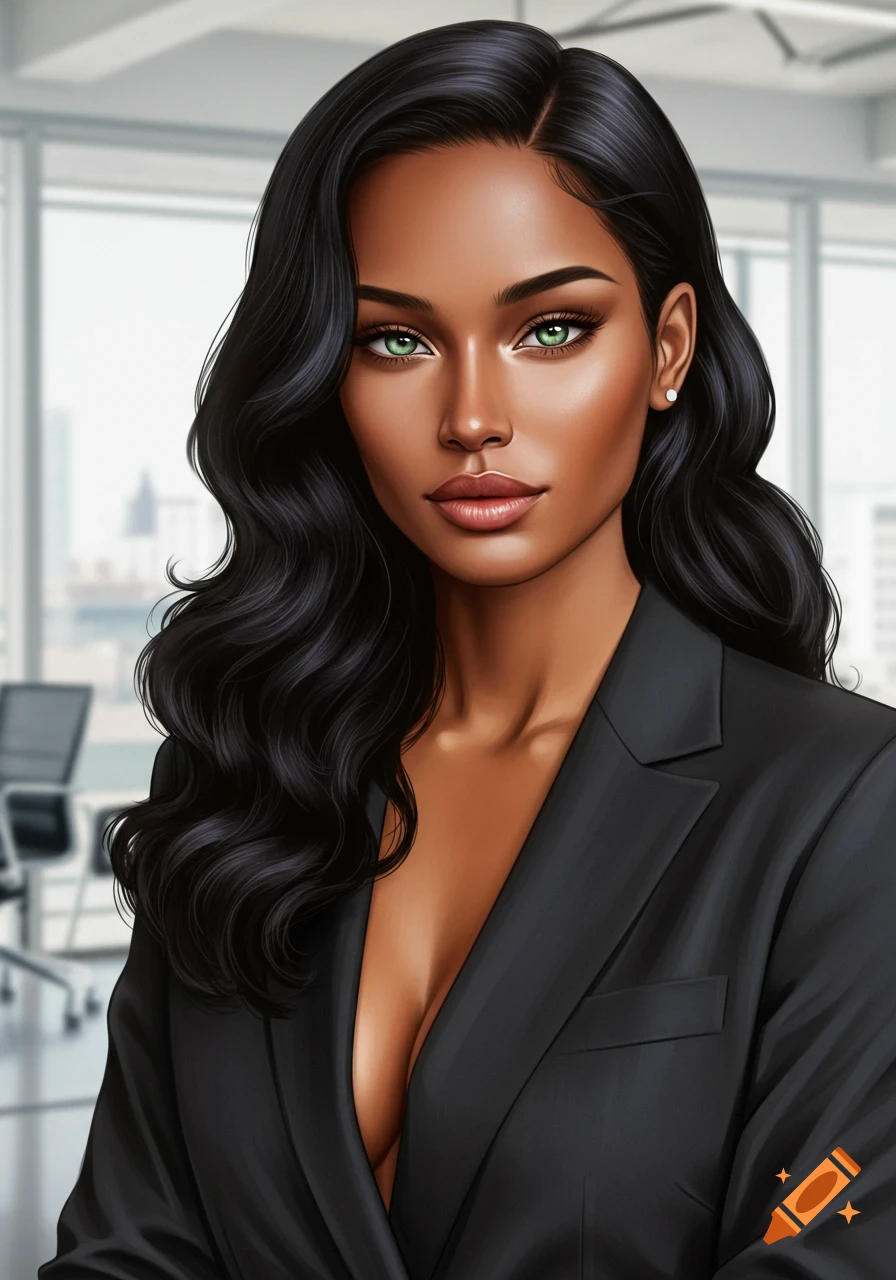 Stylized portrait of a beautiful woman with dark hair, green eyes, and tanned skin wearing a black suit in an office.