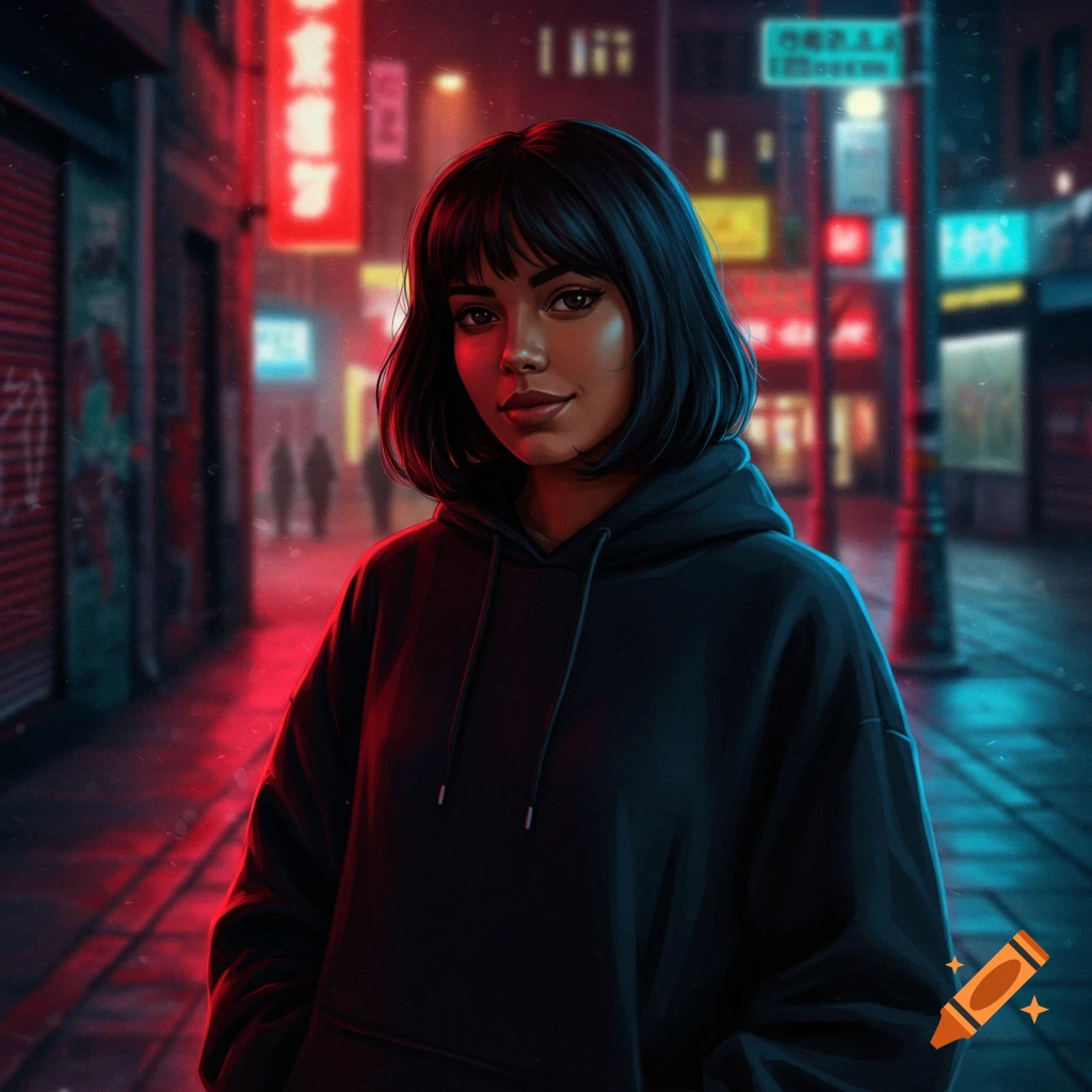 A young woman with dark hair and a black hoodie stands in a neon-lit urban alley at night, looking at the viewer.