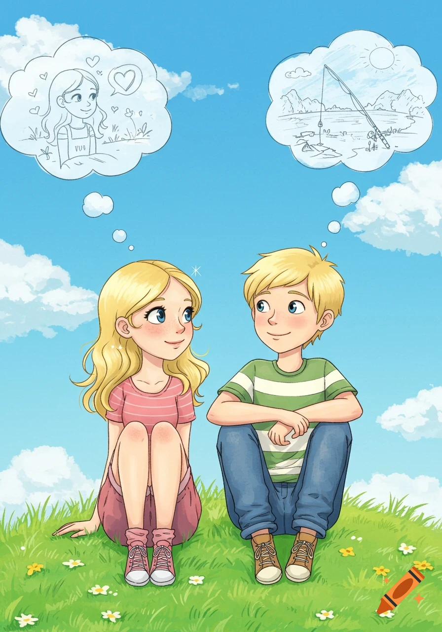 Cartoon blonde boy and girl sit on grass looking at each other, with thought bubbles above their heads. The girl dreams of the boy, and he dreams of fishing.