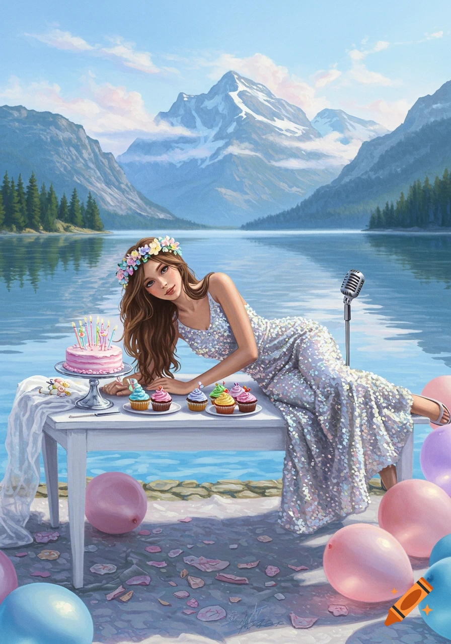 A woman in a sparkly silver dress and floral crown reclines on a table with a birthday cake, cupcakes, and balloons by a lake with mountains.