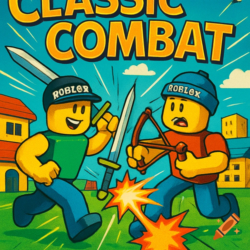 Retro cartoon image of two Roblox avatars battling with a sword and slingshot, with 'CLASSIC COMBAT' text.