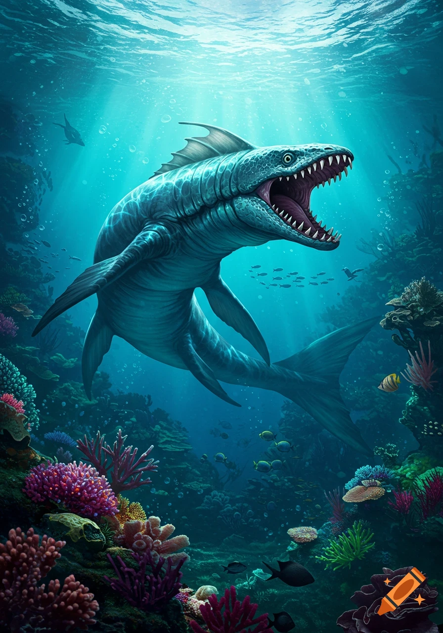 A large, blue-green prehistoric sea creature with sharp teeth and open mouth swims in a vibrant coral reef, sun rays from above.
