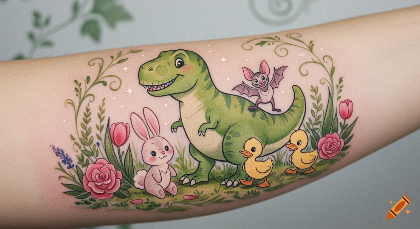 A colorful, whimsical cartoon tattoo on an arm, featuring a friendly green T-Rex, a pink bunny, two yellow ducklings, and a grey bat in a floral setting.