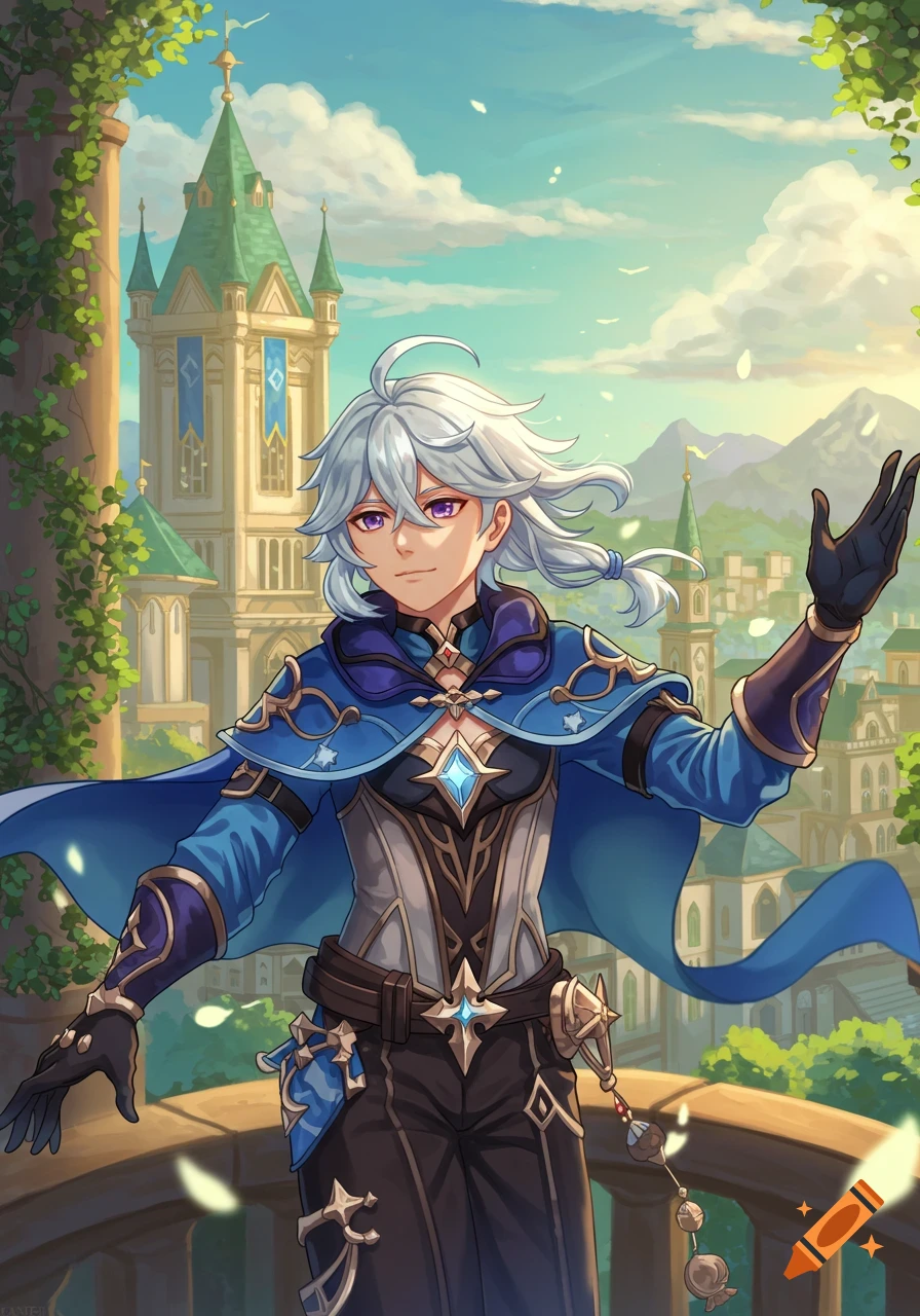 An anime-style male character with white hair and a blue outfit stands on a balcony overlooking a fantasy castle town.