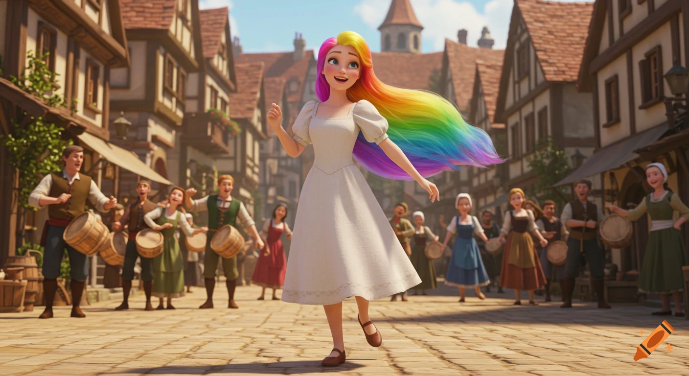A 3D animated princess with long rainbow hair dances and sings in a lively medieval village square, surrounded by dancing villagers.