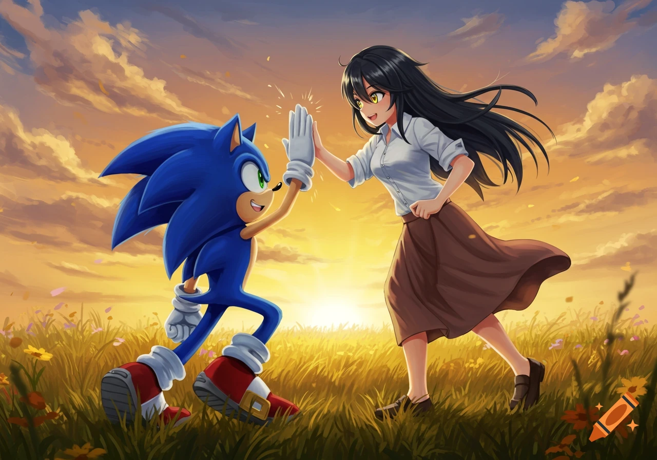 Sonic the Hedgehog and an anime girl high-fiving in a golden grassy field at sunset, in an anime illustration.