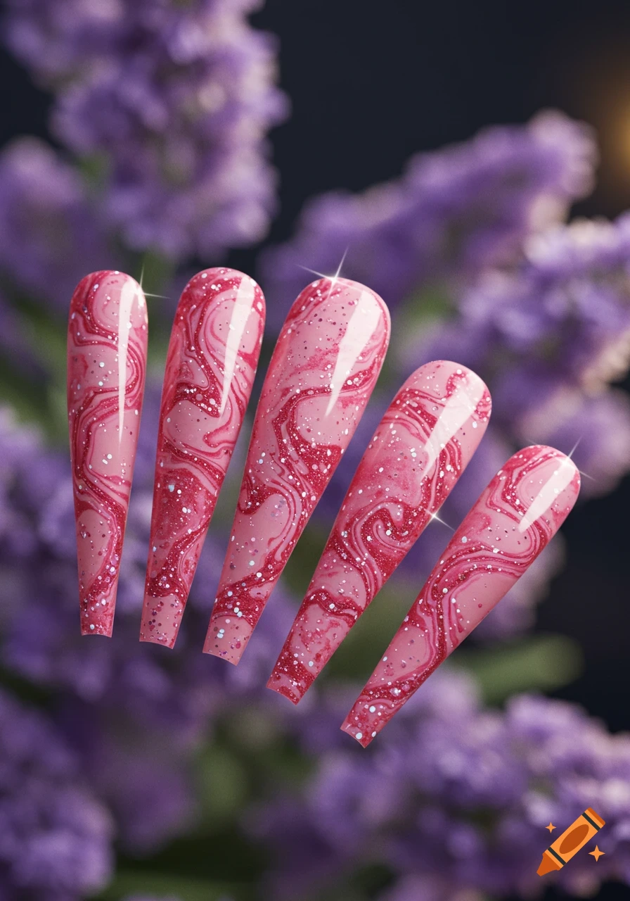 Five glossy coffin-style nails with a pink marble design and glitter, set against a blurred purple floral background.