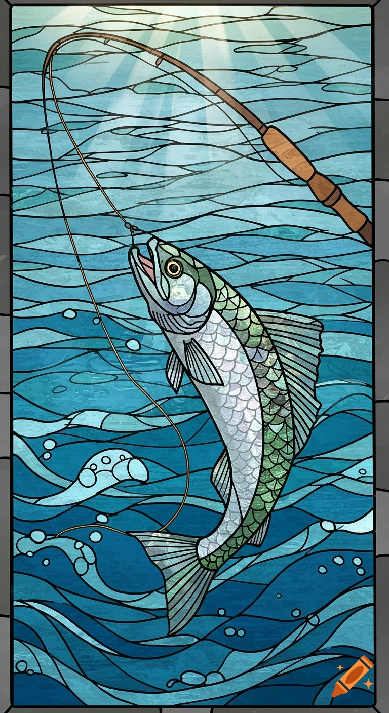 Stained glass illustration of a fish jumping out of blue water, caught on a fly fishing rod.