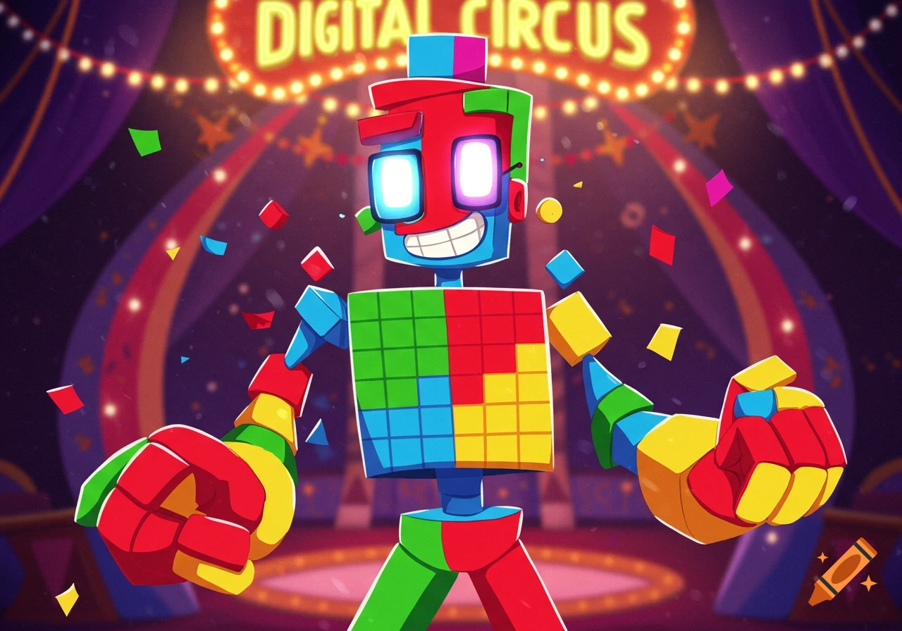 A colorful, blocky robot character, resembling a Simon Says game, smiles in a vibrant circus tent under a "DIGITAL CIRCUS" neon sign with confetti falling.
