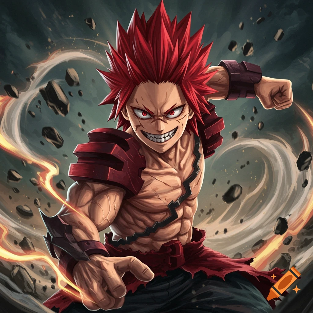 Anime illustration of Kirishima with spiky red hair, red eyes, and a fierce grin, surrounded by floating rocks and fiery trails.