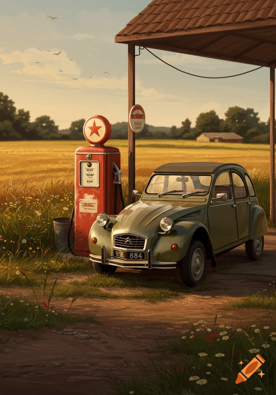 A green vintage Citroën 2CV car parked next to a red antique gas pump under a small canopy in a golden field at sunset.