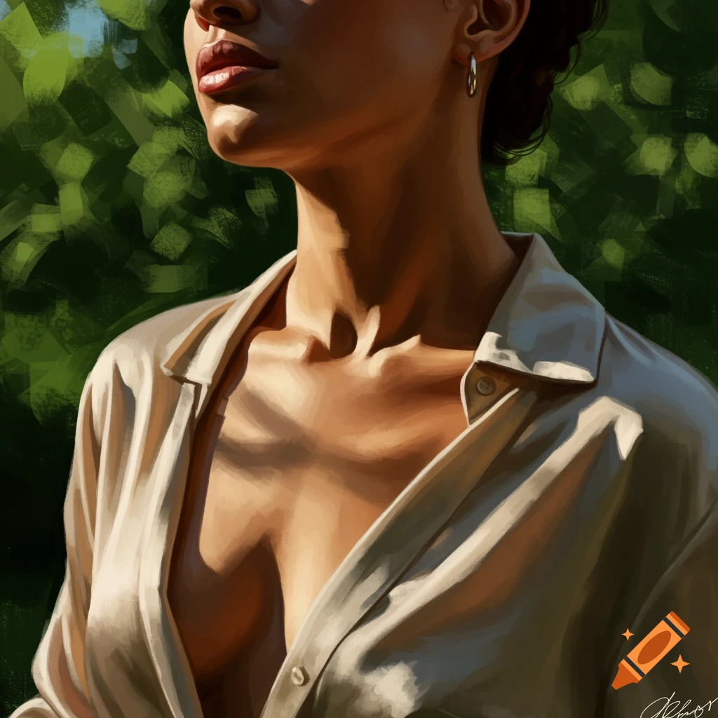 Digital painting of a woman in an unbuttoned beige shirt, bathed in sunlight.