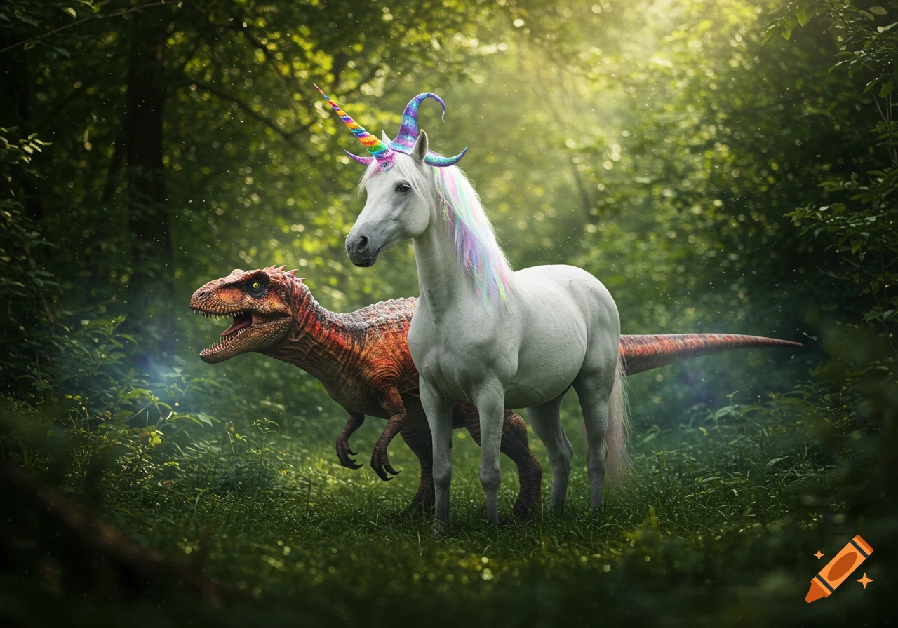 A white unicorn with a rainbow horn and mane stands beside a red dinosaur in a lush, sunlit forest. Photorealistic.