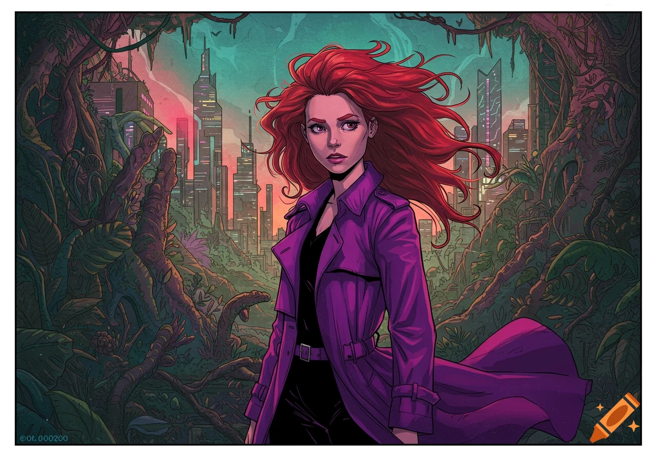 Comic book illustration of a red-haired woman in a purple trench coat standing in a vibrant, overgrown futuristic city.