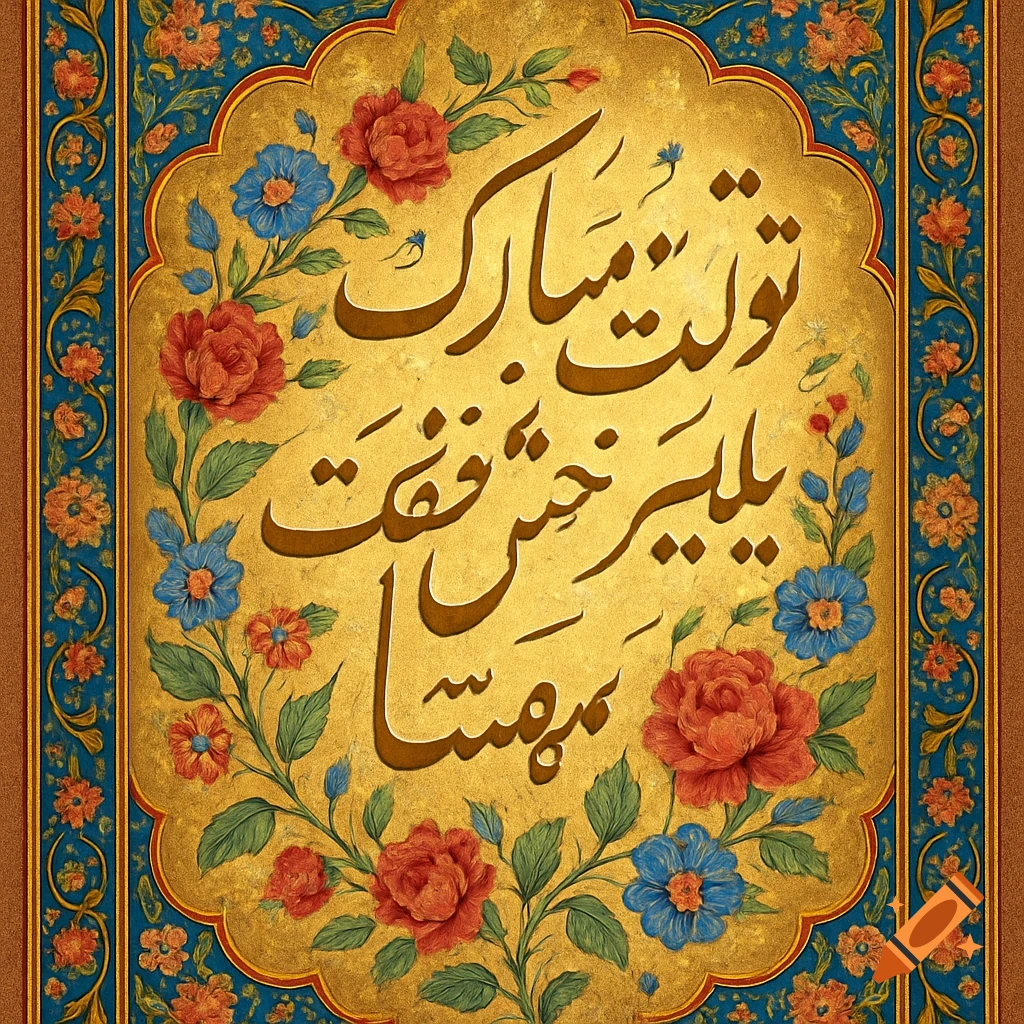 Ornate Persian calligraphy wishing happy birthday, surrounded by traditional red and blue floral patterns on a golden background.