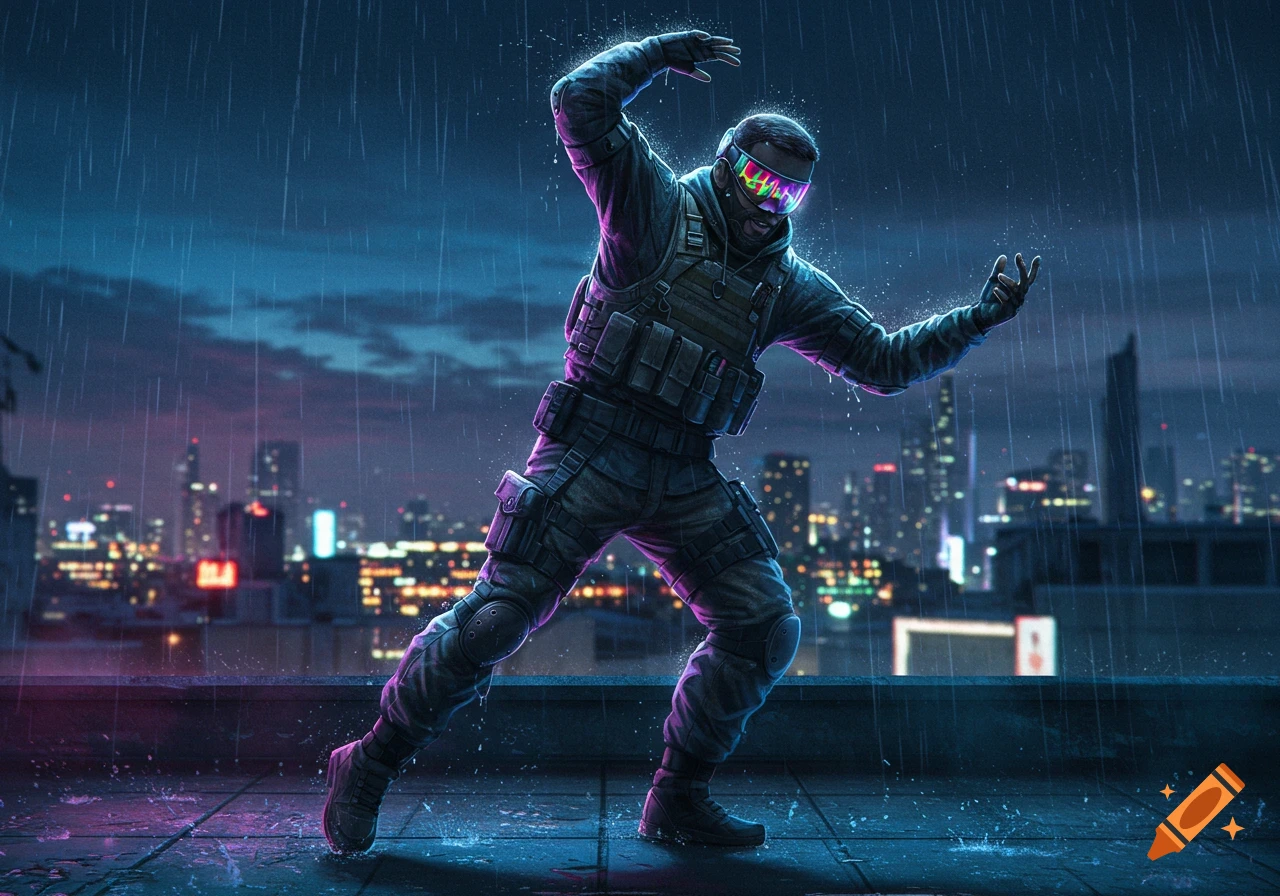 A tactical operator with a glowing cyberpunk visor dances on a rainy city rooftop at night, futuristic digital art.