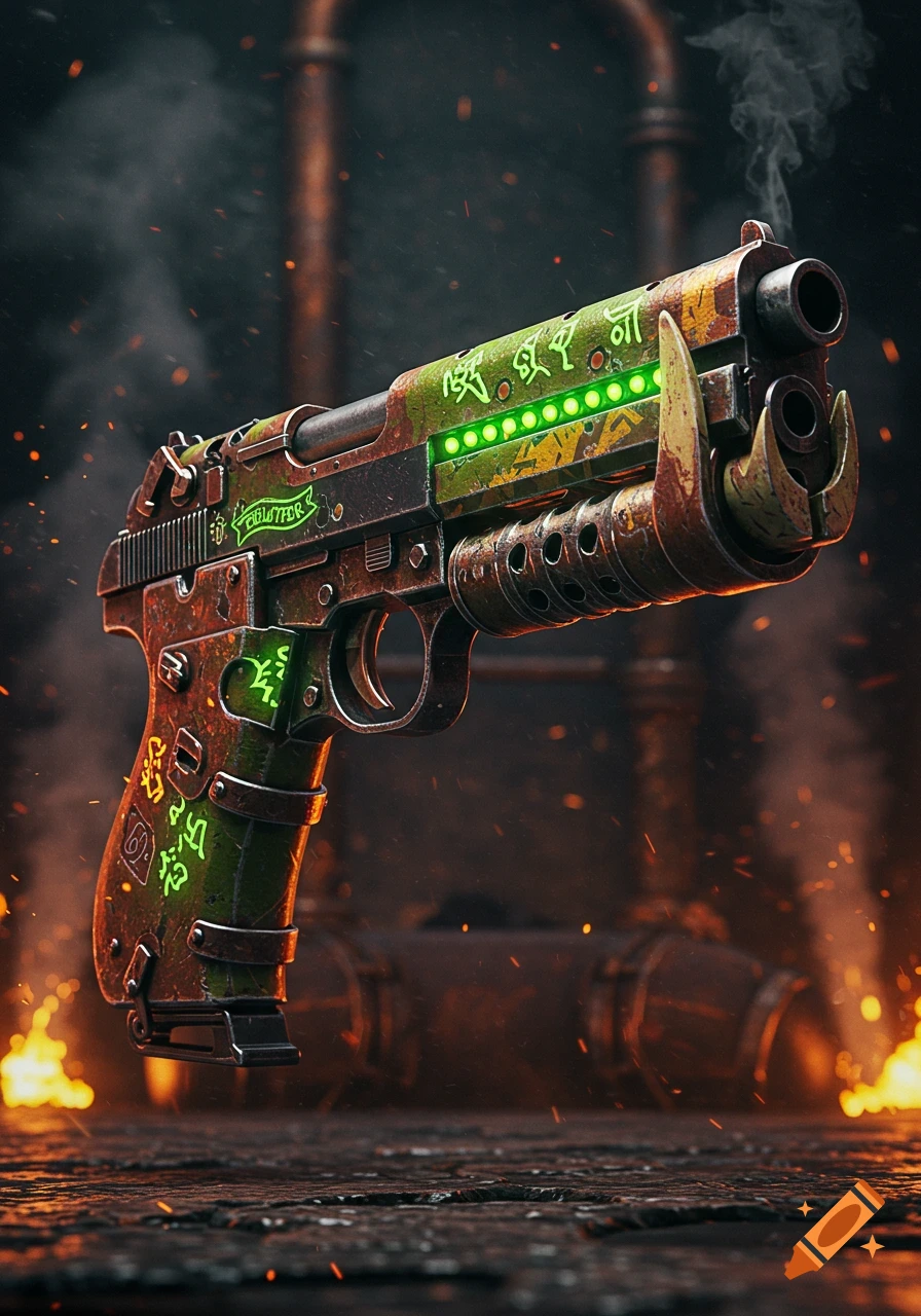 A rusted Walther PPK pistol, styled as an Ork shoota with green lights and crude symbols, against a dark industrial background with sparks.