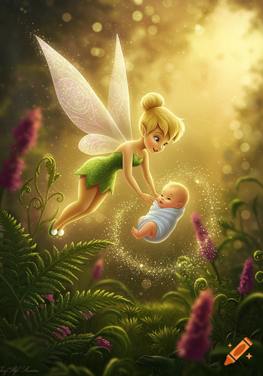 Tinker Bell in a green leaf dress does a handstand with eyes