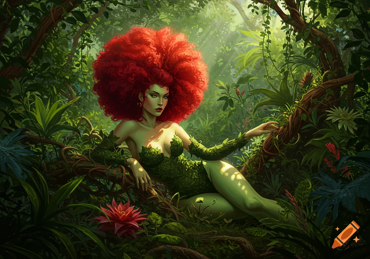 A green-skinned woman with a large red afro and leaf costume reclines in a lush jungle, stylized illustration.