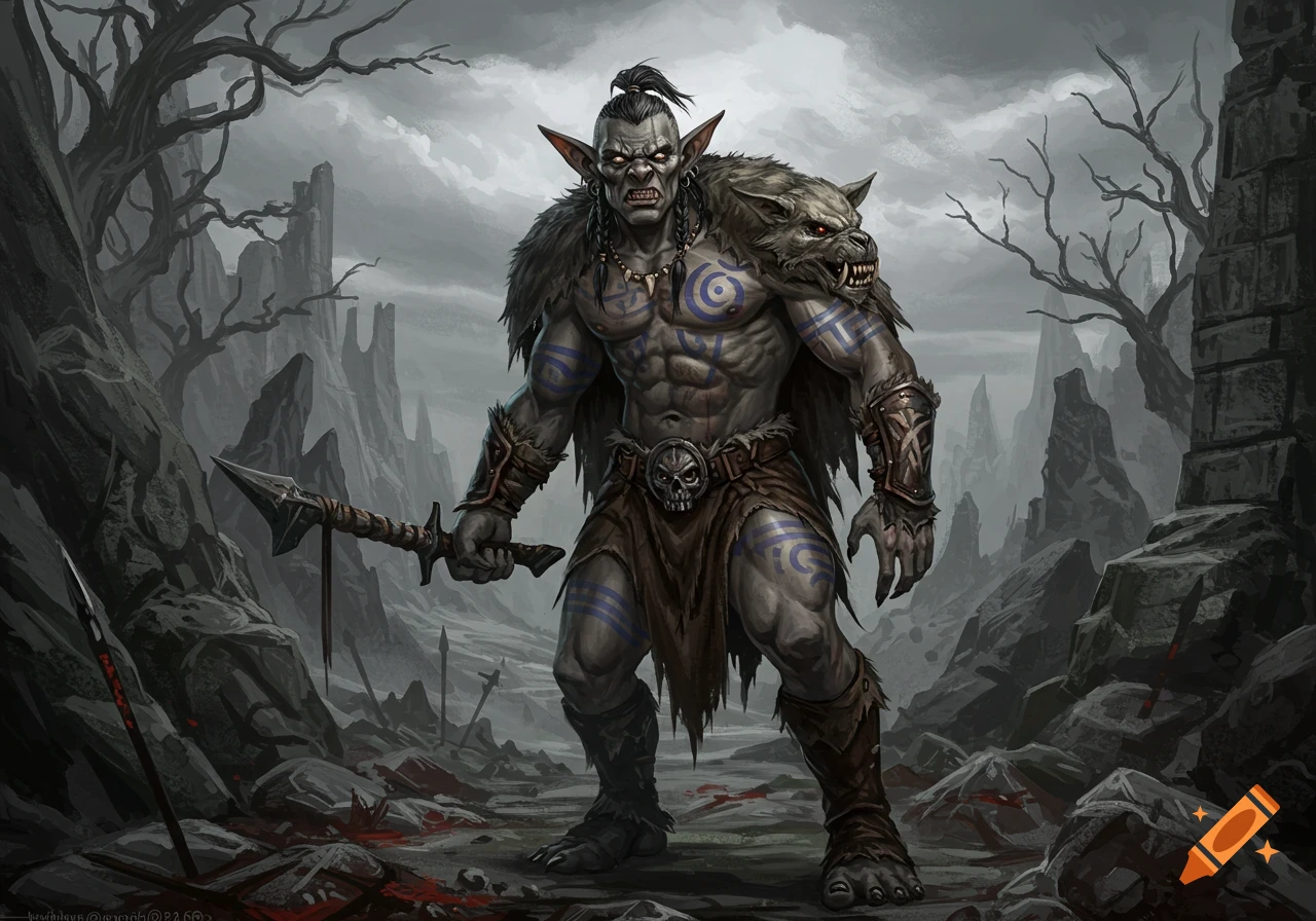 A fierce grey-skinned orc barbarian, adorned with a warg pelt and tribal tattoos, stands in a desolate, rocky landscape.