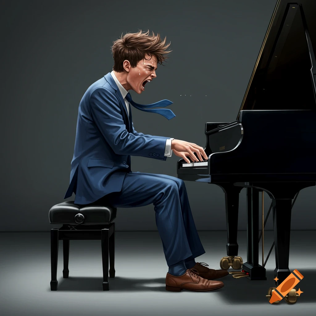 A young man in a blue suit furiously plays a black grand piano with a screaming, intense expression.