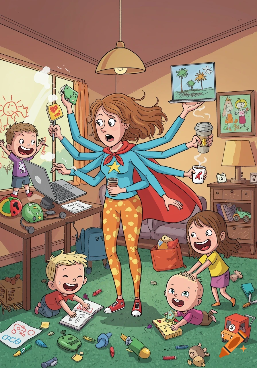 Cartoon of a multi-armed superhero mom juggling tasks and coffee while three young children play, draw, and make a mess around her.