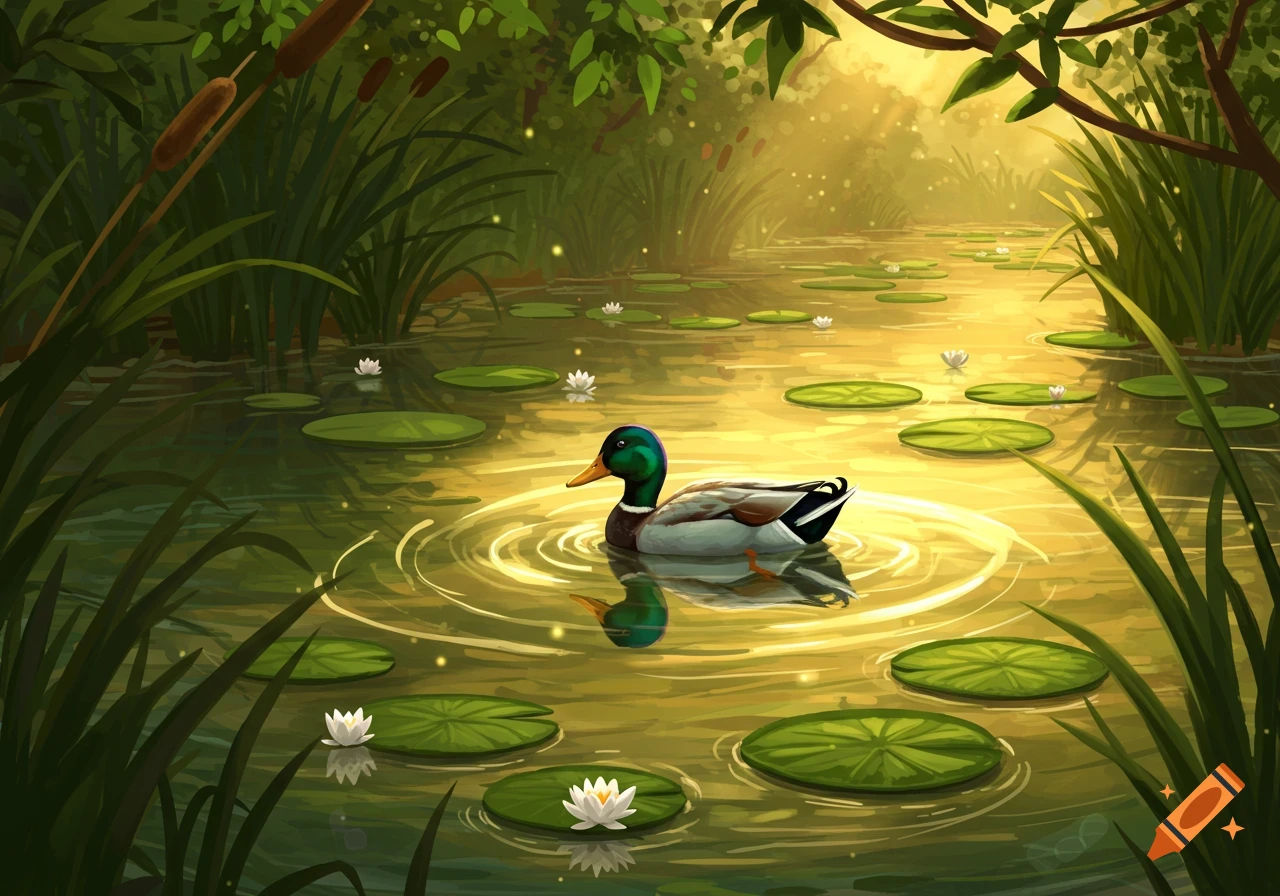 A colorful mallard duck swims in a sunlit pond with lily pads and white water lilies, surrounded by lush green foliage in an illustrated style.
