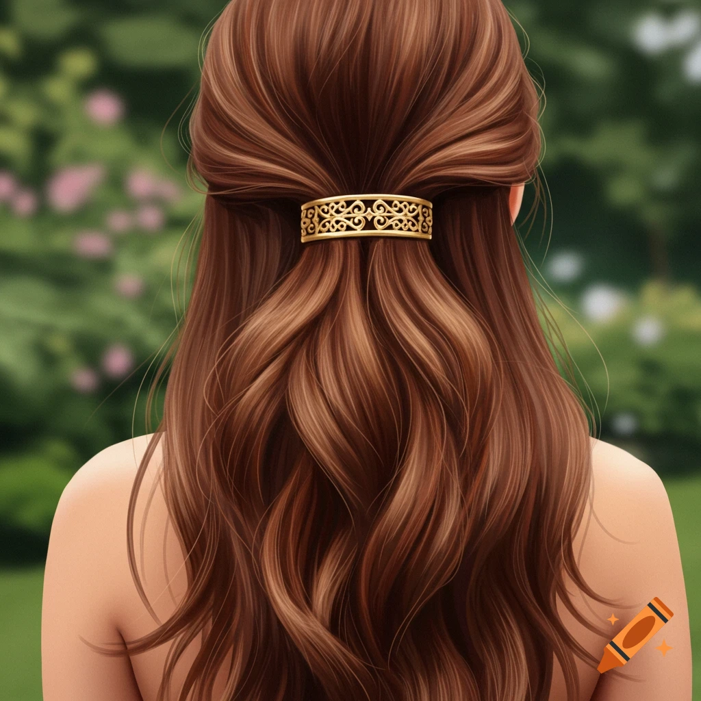 Close-up illustration of the back of a woman's head with long, wavy brown hair styled with a golden ornate hair cuff, against a blurred green background.