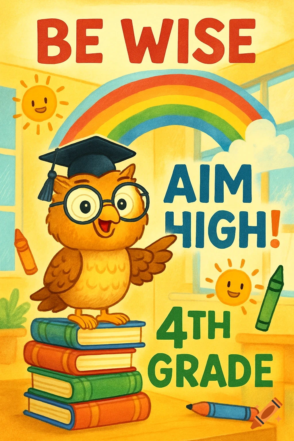 A cheerful educational poster featuring a cartoon owl wearing a graduation cap and glasses, standing on a stack of books, with the text 'BE WISE', 'AIM HIGH!', and '4TH GRADE'.