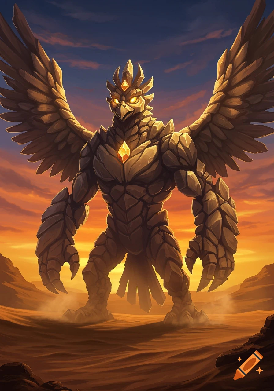 A towering, winged rock monster with glowing eyes and a chest gem stands in a desert at sunset, in an illustrated fantasy style.