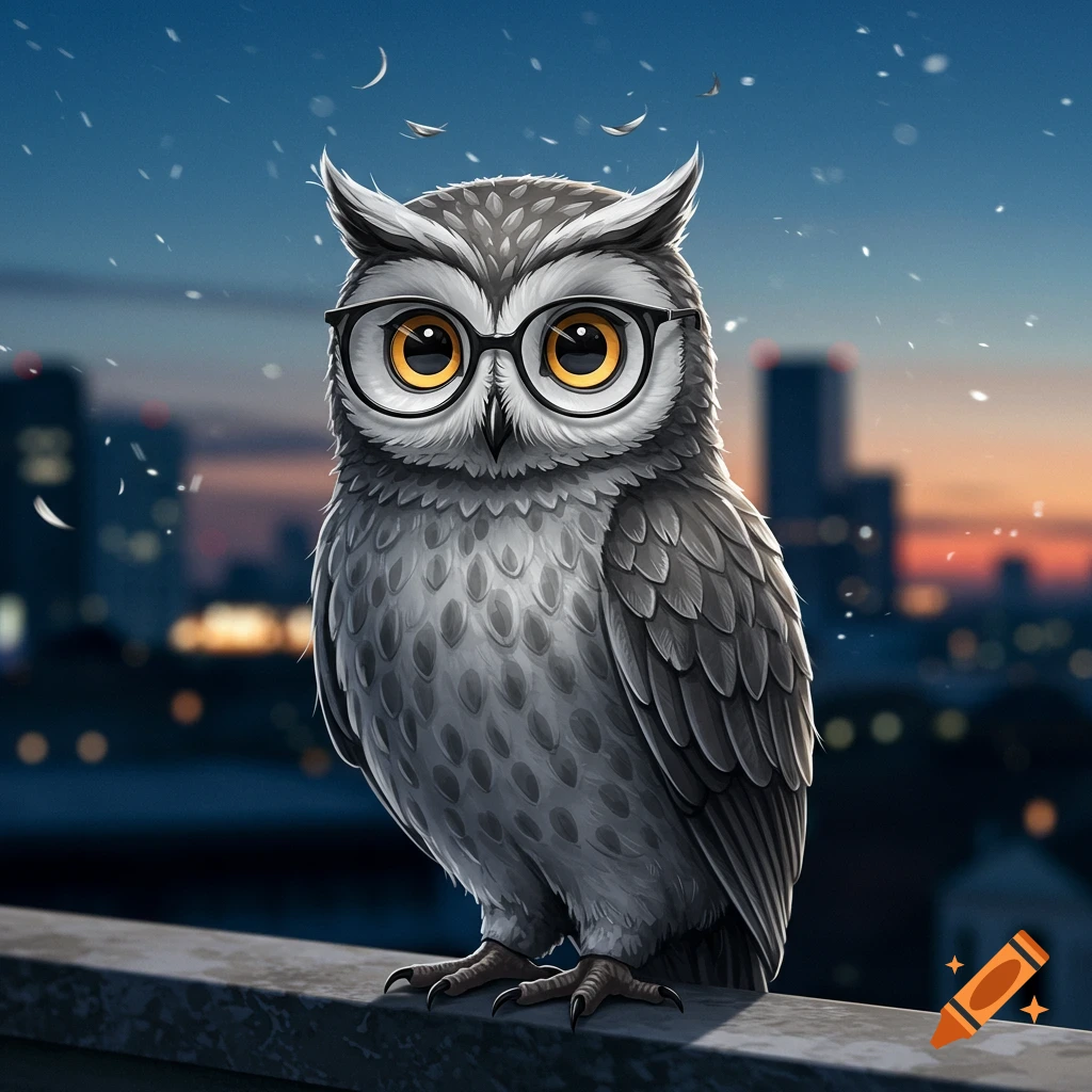 A wise, friendly cartoon owl with large yellow eyes and black glasses perches on a ledge against a blurred city skyline at dusk.