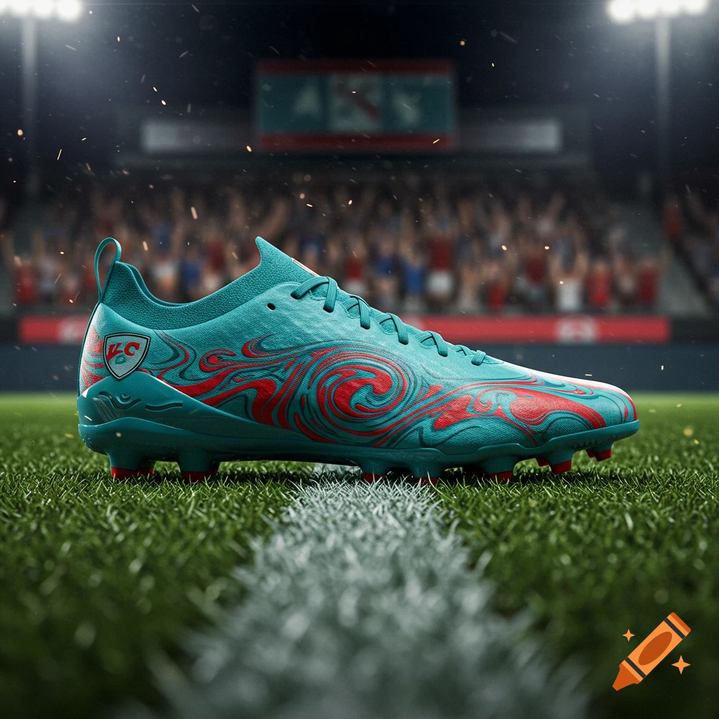 A teal soccer cleat with red swirling patterns on a grass field in a stadium at night.