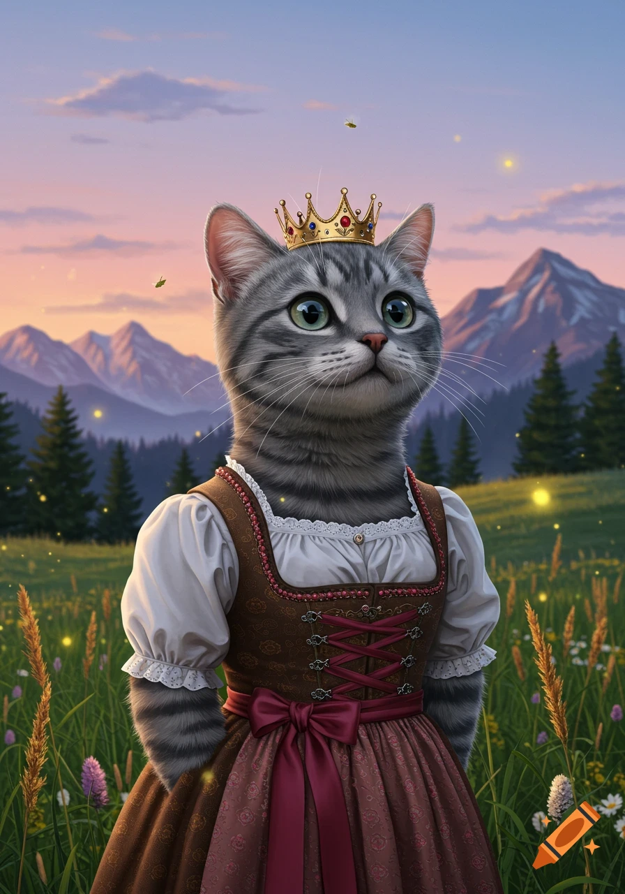 Digital art of a grey tabby cat wearing a golden crown and a Dirndl dress in a magical meadow at sunset with mountains.