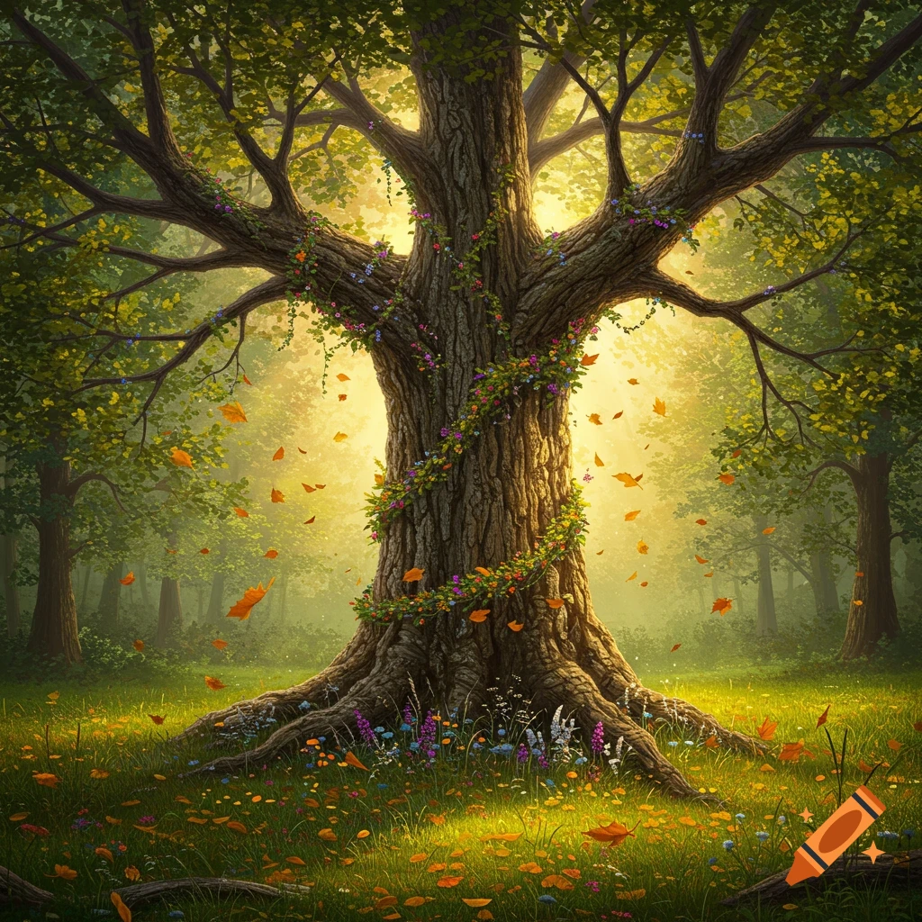 A majestic, ancient tree with vibrant green leaves, illuminated by golden sunlight in a fantastical forest, with colorful vines, flowers, and falling autumn leaves.