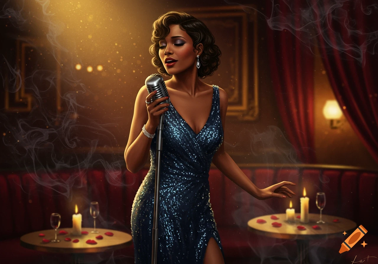 A glamorous female jazz singer in a sparkling blue dress sings into a microphone on stage in a dimly lit club.