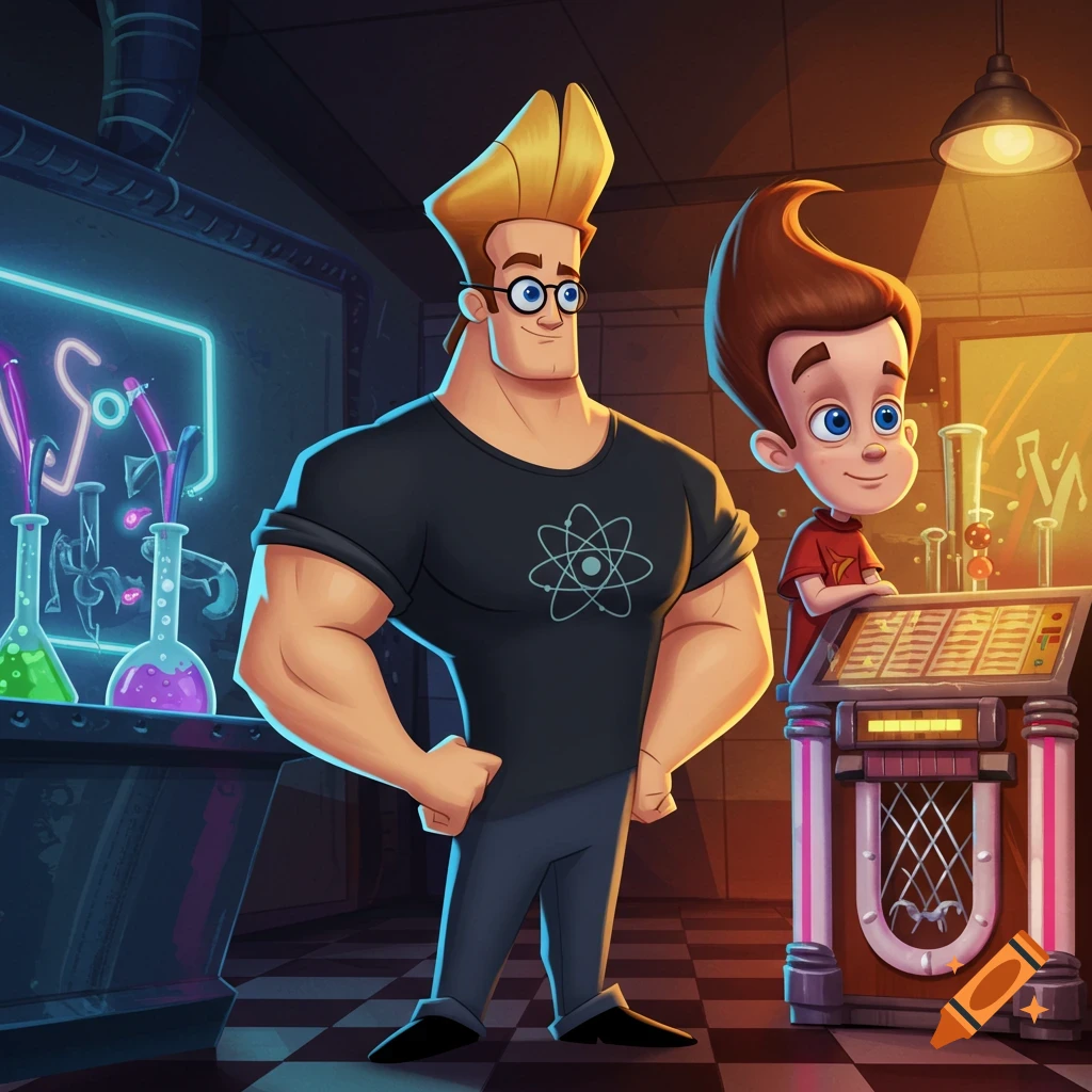 A cartoon hybrid of Johnny Bravo and Jimmy Neutron stands in a neon-lit science lab with beakers and a jukebox.