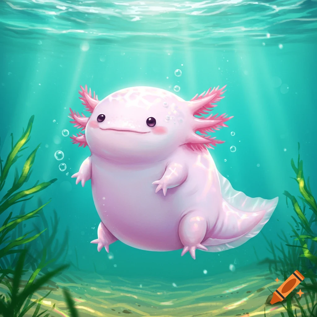 A cute, pink, squishy cartoon axolotl swims happily underwater with green plants, bubbles, and sun rays.