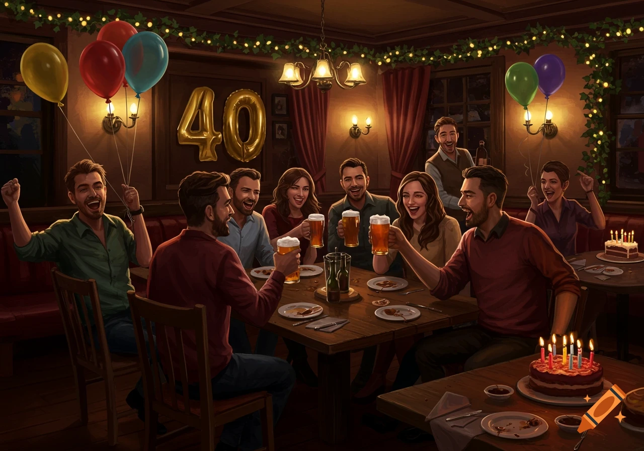 A group of diverse friends joyfully celebrating a 40th birthday at a cozy pub, toasting with beers around a table with cake and balloons.