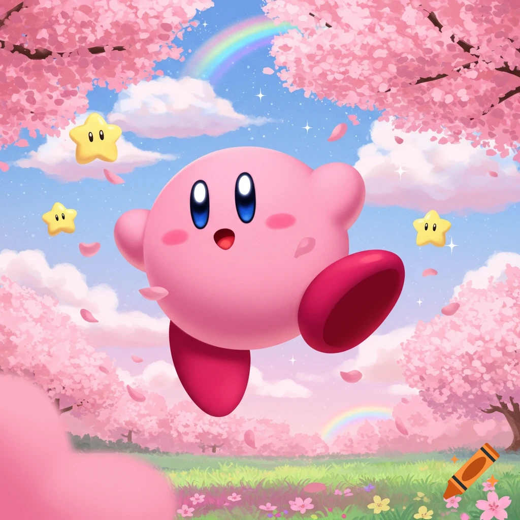 Kirby, a pink spherical character, floats among falling cherry blossoms, yellow stars, and rainbows in a vibrant cartoon style.