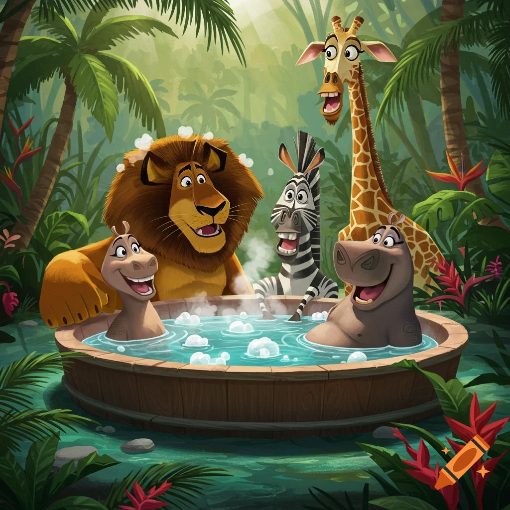 Cartoon characters from Madagascar, Alex, Marty, Gloria, and Melman, relax in a hot tub in a lush jungle.