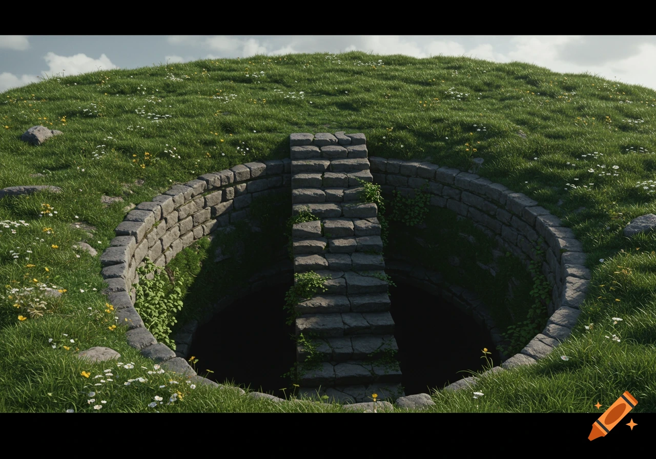 Photorealistic stone stairs descending into a deep pit on a grassy hill dotted with wildflowers under a cloudy sky.
